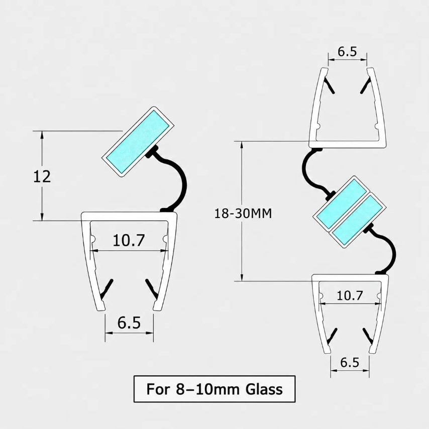 M410AC magnetic shower seal dimensions for 8-10mm glass and uneven 18-30mm closing gaps