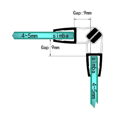 M45A2M magnetic shower seal diagram showing how two 4-5mm glass panels meet at 90 degrees