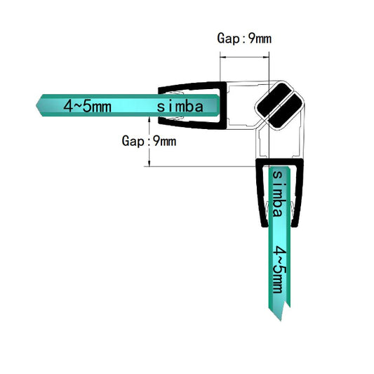 M45A2M magnetic shower seal diagram showing how two 4-5mm glass panels meet at 90 degrees