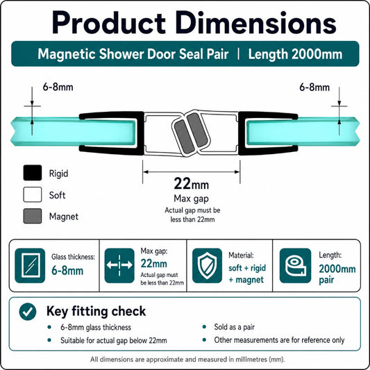M68C2M sliding magnetic shower door seal dimensions for 6–8mm glass with a maximum closing gap of approximately 22mm