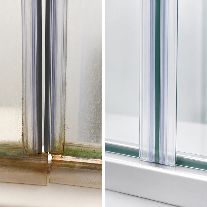 Old magnetic shower door seal and clean replacement magnetic shower door seal showing a neat glass-to-glass closure