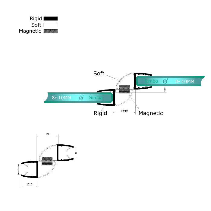 MD810180 offset 180 degree magnetic shower door seal dimensions for 8-10mm glass and 19mm gap