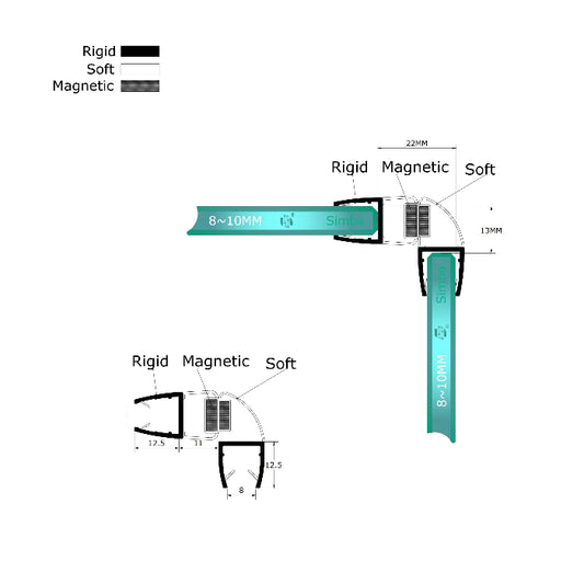 MD81090 90 degree magnetic shower door seal dimensions for 8-10mm glass and 11mm gap