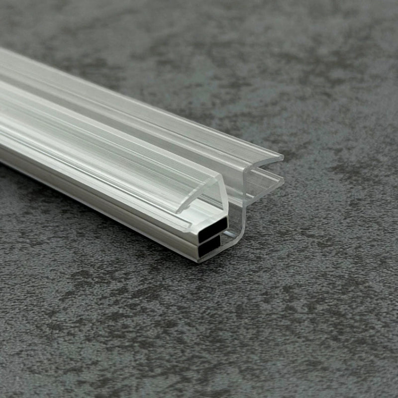 Close-up of the clear PVC ME456180 magnetic shower door seal profile for 4–6mm glass