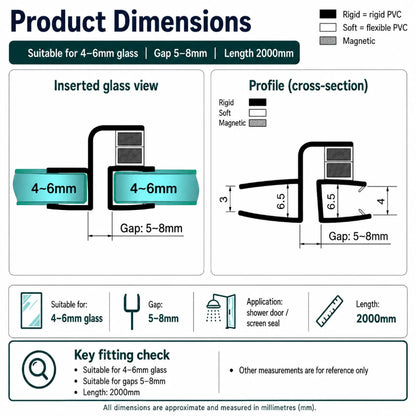 ME456180 magnetic shower door seal dimensions for 4–6mm glass and an approximate 5–8mm closing gap