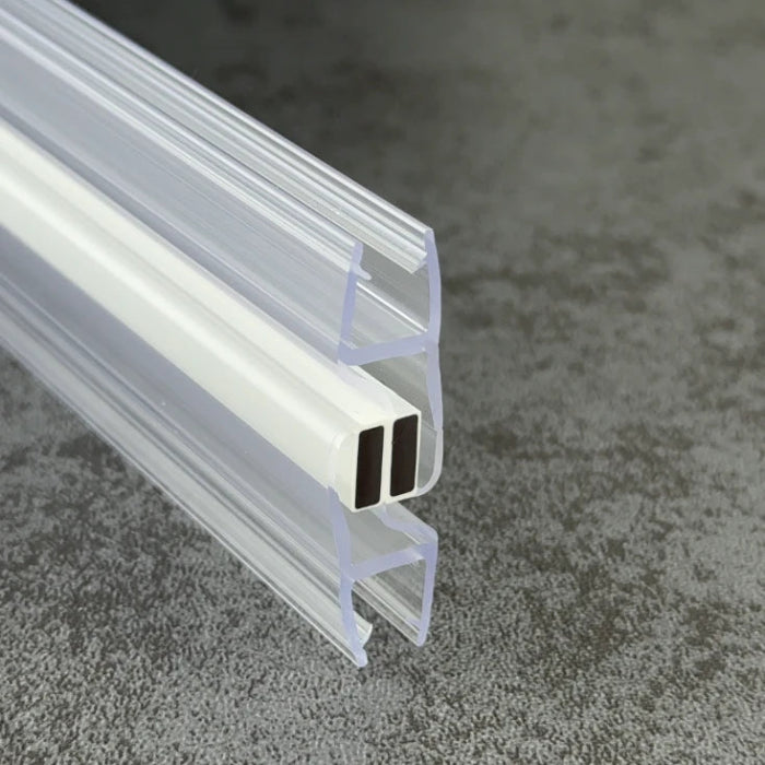 MF410 clear magnetic shower door seal profile close-up showing the glass clip and magnetic insert