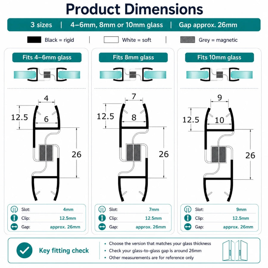 MF410 magnetic shower door seal dimensions for 4-6mm, 8mm and 10mm glass