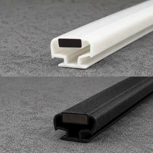 MG001 black and white magnetic shower door seals with same T-slot profile