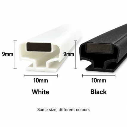 MG001 T-slot magnetic shower door seal in white and black with 10mm by 9mm profile