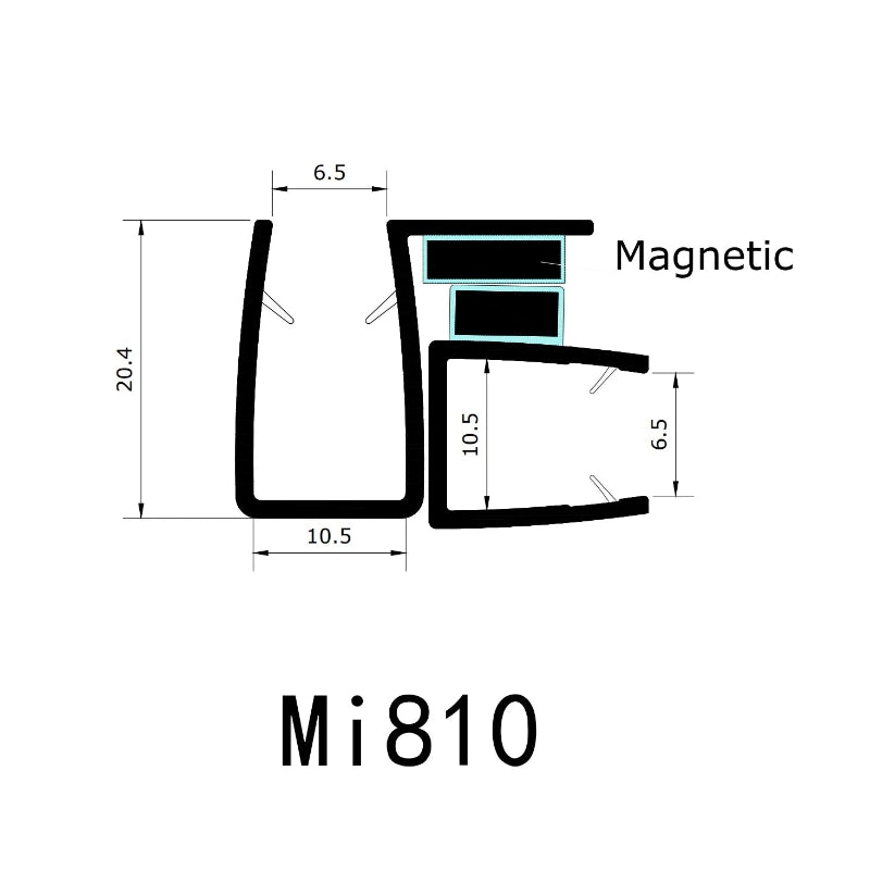 MI810 magnetic shower seal profile dimensions for 8-10mm glass