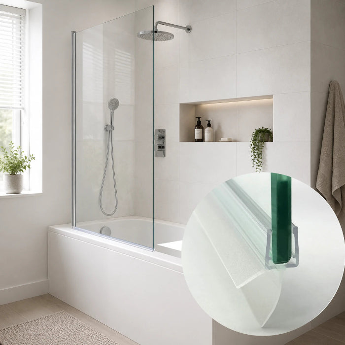 Over bath shower screen seal fitted to a frameless bath screen to help reduce leaks at the bath edge