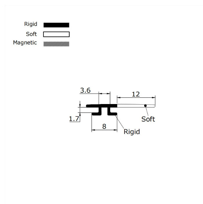 ROT03 folding shower screen seal dimensions showing 8mm insert, 3.6mm minimum slot opening and 12mm fin