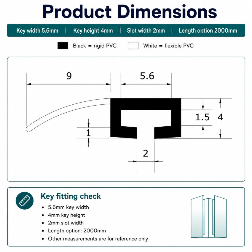 ROT04 folding shower screen seal dimensions showing 5.6mm profile width, 2mm slot and 4mm height
