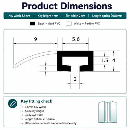 ROT04 folding shower screen seal dimensions showing 5.6mm profile width, 2mm slot and 4mm height