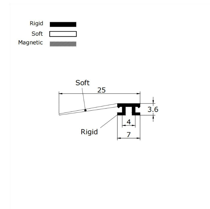 ROT05 folding shower screen seal dimensions showing 7mm insert, 4mm minimum slot opening and 25mm soft fin