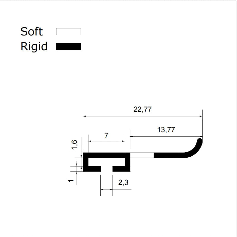 ROT10 folding shower screen seal profile showing 7mm track insert, 2.3mm opening and 13.77mm soft fin