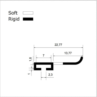 ROT10 folding shower screen seal profile showing 7mm track insert, 2.3mm opening and 13.77mm soft fin