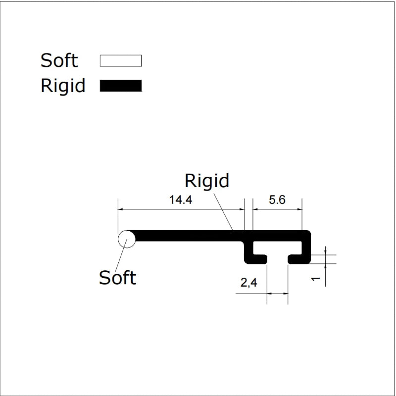 ROT11 folding shower door side seal dimensions showing 5.6mm track insert, 2.4mm slot, 14.4mm rigid arm and soft contact tip