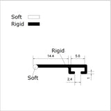 ROT11 folding shower door side seal dimensions showing 5.6mm track insert, 2.4mm slot, 14.4mm rigid arm and soft contact tip