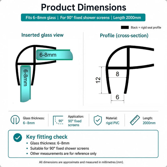 RY0307 shower screen corner seal dimensions for 6mm, 7mm and 8mm fixed glass