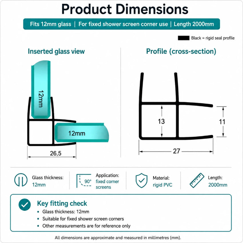 RY0603 fixed glass shower screen corner seal dimensions and profile measurements