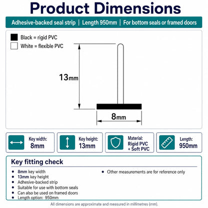 RY3463 T-profile shower seal dimensions showing the 13mm upright section, 8mm base and 950mm length