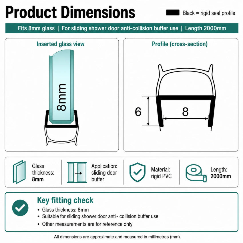 RY3537 vertical shower seal dimensions for 8mm glass with 2000mm length