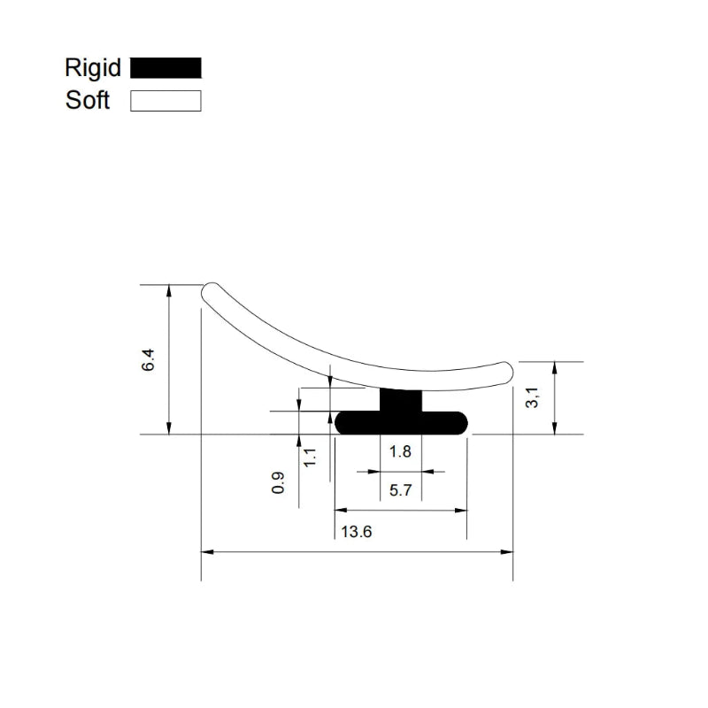 RY5943 framed shower door track seal profile dimensions showing rigid base and flexible fin