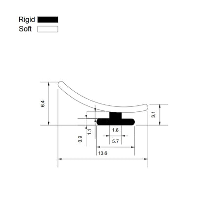 RY5943 framed shower door track seal profile dimensions showing rigid base and flexible fin