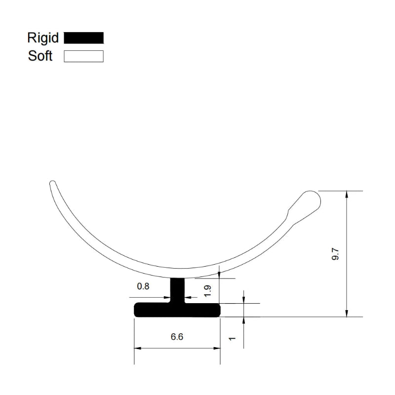 RY6306 framed shower door track seal profile dimensions showing 7mm base and 9mm overall height