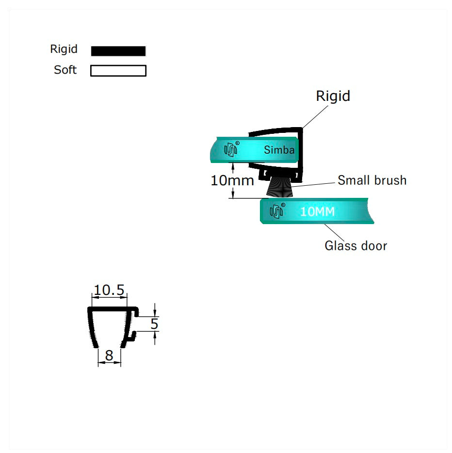 Detailed dimension diagram of the S10 10mm glass brush seal, illustrating exact measurements for inner width, bristle length, and channel depth to ensure perfect compatibility with thick shower screens.