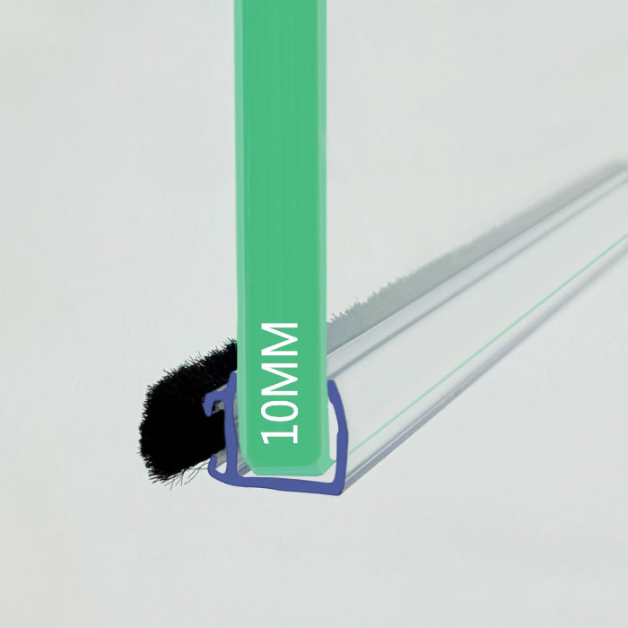 Cross-section view of the S10 luxury 10mm shower door brush seal installed on glass, showing the precise fit of the clear U-channel and soft black bristles for a seamless frameless look.