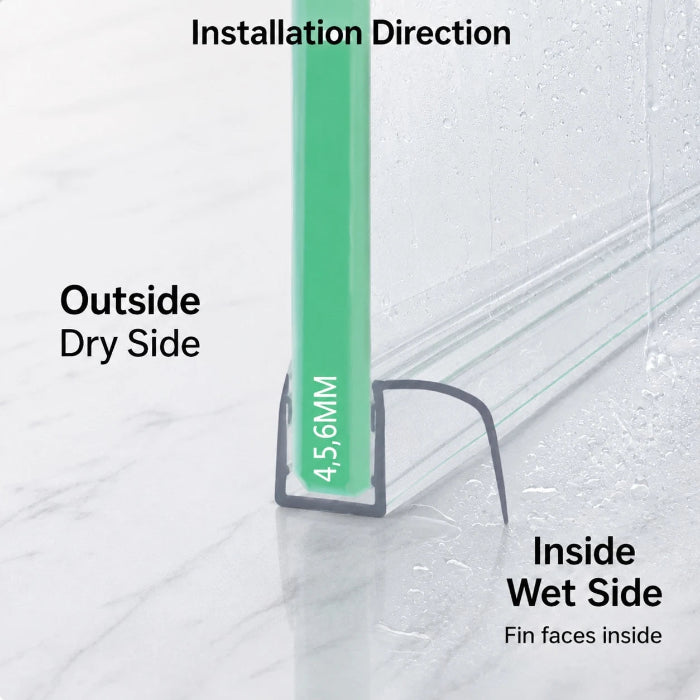 S10DTL 10mm glass shower door bottom seal with side fin showing the correct installation direction, with the fin facing the inside wet side
