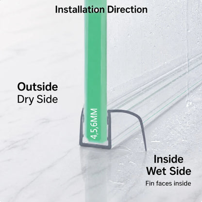 S10DTL 10mm glass shower door bottom seal with side fin showing the correct installation direction, with the fin facing the inside wet side