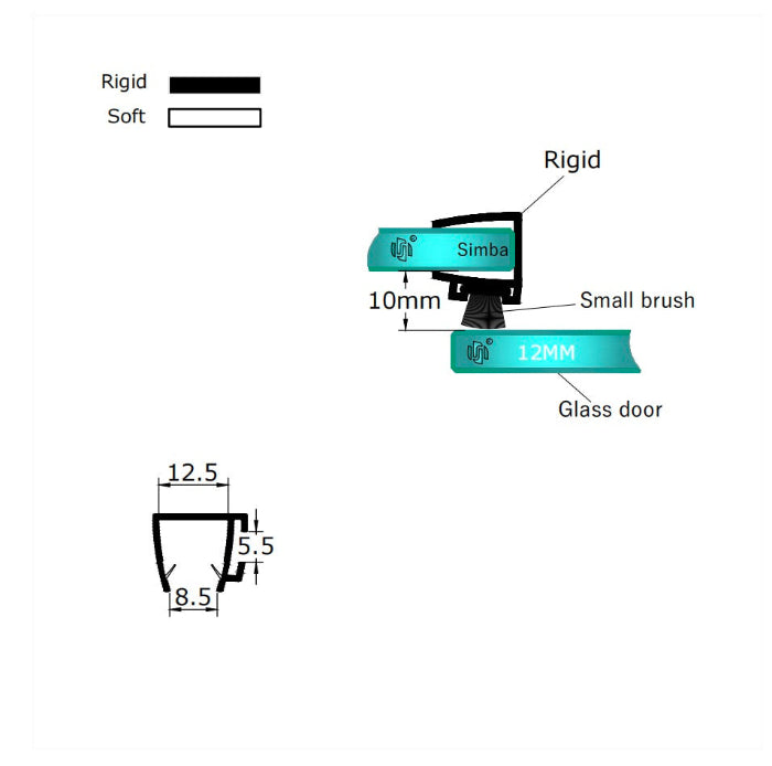 Detailed technical dimension diagram of the S12 12mm glass brush seal, specifying exact inner width, bristle height, and channel thickness to ensure a perfect fit for heavy frameless enclosures.