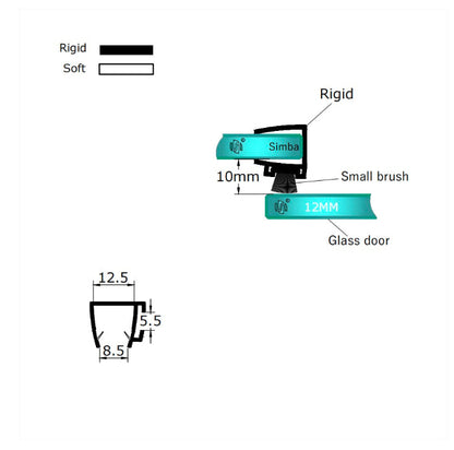 Detailed technical dimension diagram of the S12 12mm glass brush seal, specifying exact inner width, bristle height, and channel thickness to ensure a perfect fit for heavy frameless enclosures.