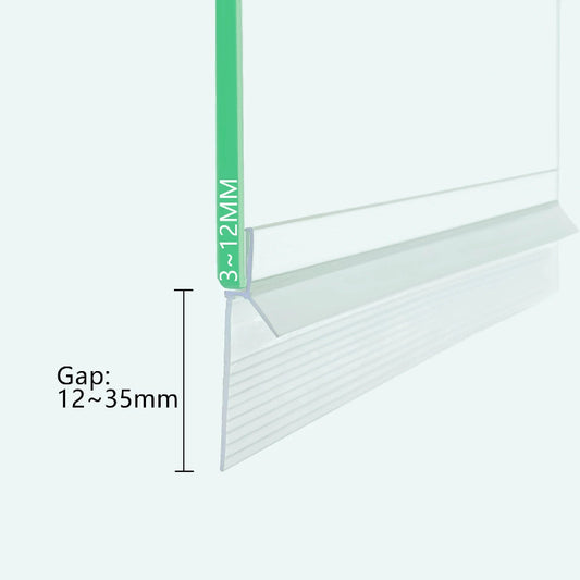 SIMBA S312S1235 universal adhesive TPE sauna door seal installed onto a frameless glass door bottom, showing optical clarity and secure bond.
