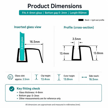 S456DTL 4–6mm glass shower door bottom seal dimensions for 0–3mm bottom gaps