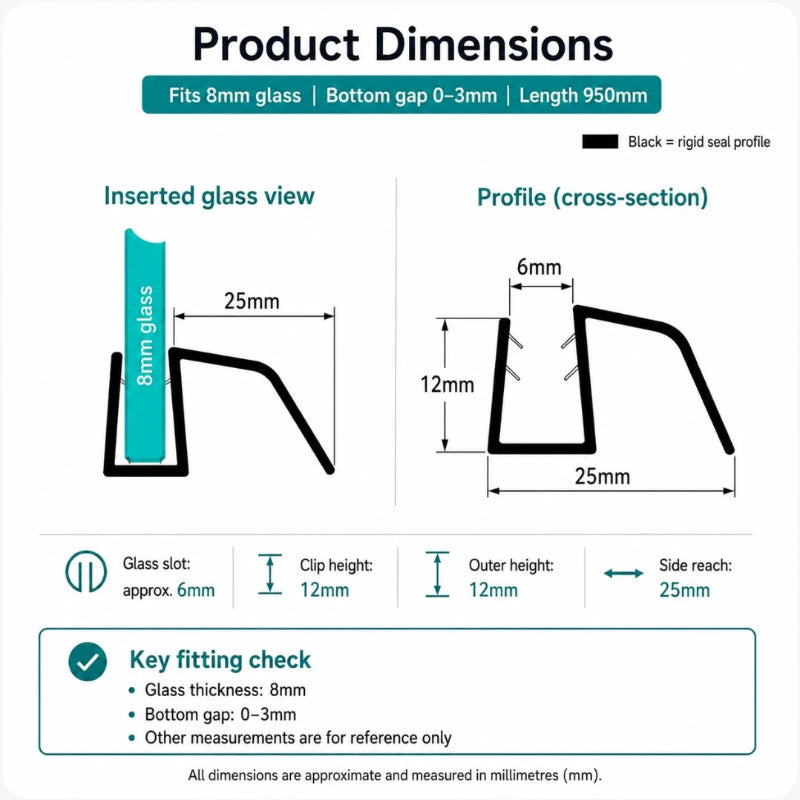 S8DTL 8mm glass shower door bottom seal dimensions for 0-3mm bottom gaps, 950mm length