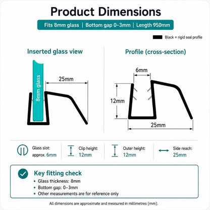 S8DTL 8mm glass shower door bottom seal dimensions for 0-3mm bottom gaps, 950mm length