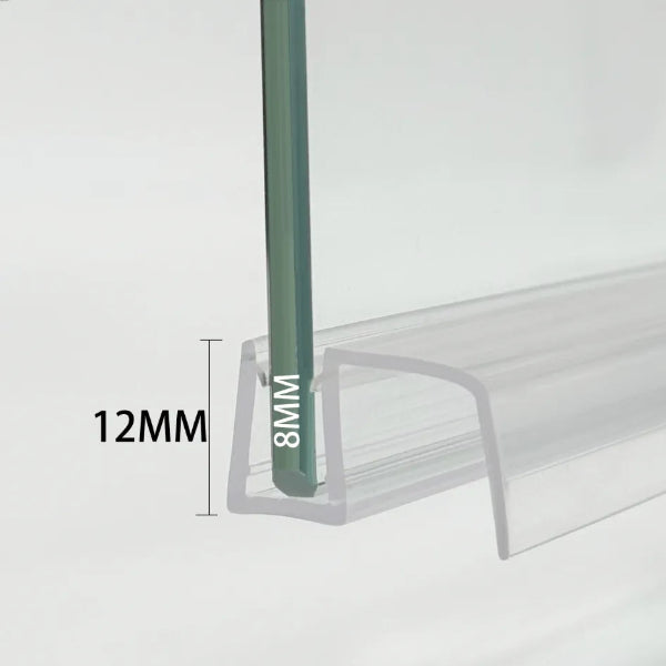 Profile view of the S8DTL 8mm shower bottom gasket fitted on standard thickness glass, showing how the transparent U-channel and side fins create a watertight zero-gap seal for any door configuration.