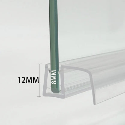 Profile view of the S8DTL 8mm shower bottom gasket fitted on standard thickness glass, showing how the transparent U-channel and side fins create a watertight zero-gap seal for any door configuration.