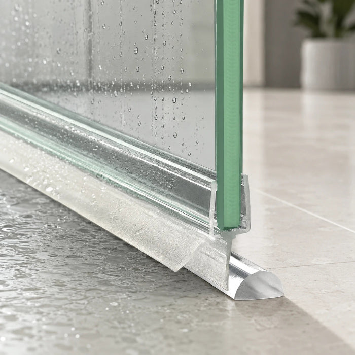 Shower door bottom seal with clear threshold seal preventing water leaks on a glass shower door