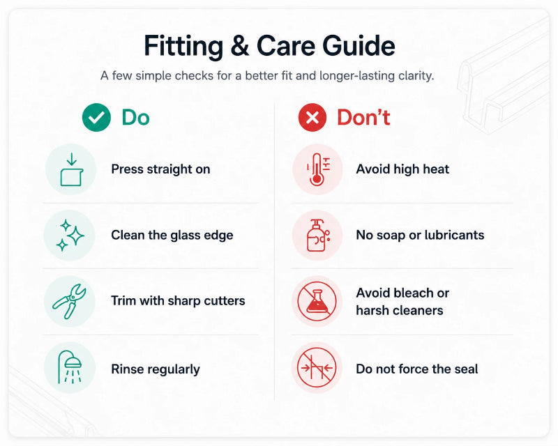 Fitting and care guide for shower door seals with simple do and don't instructions
