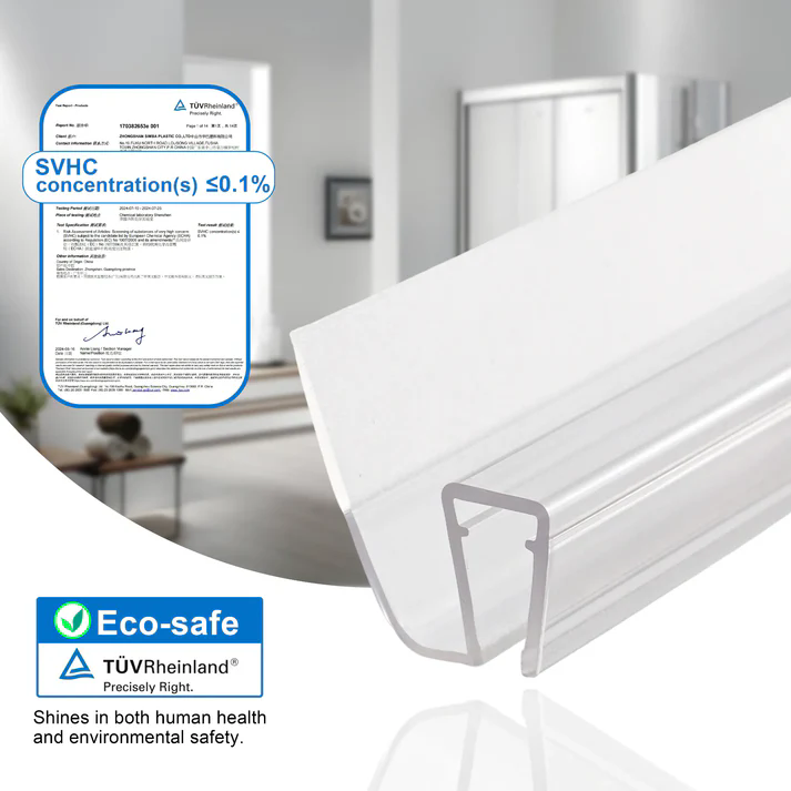 SL810DTL phthalate-free PVC shower door bottom seal with rigid glass channel and flexible side fin