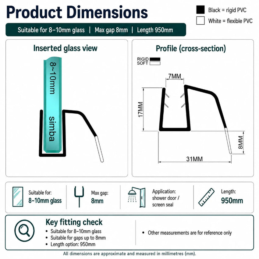 SL810DTL side fin shower door bottom seal dimensions for 8–10mm glass with an 8mm maximum gap