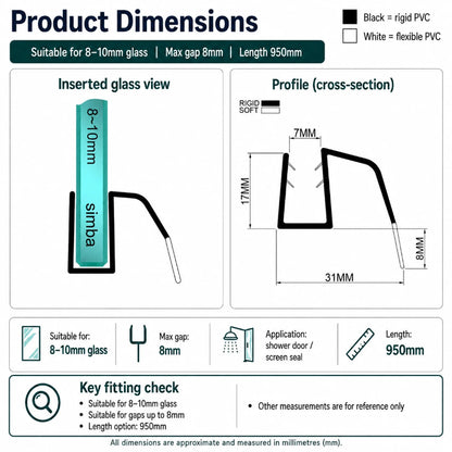 SL810DTL side fin shower door bottom seal dimensions for 8–10mm glass with an 8mm maximum gap