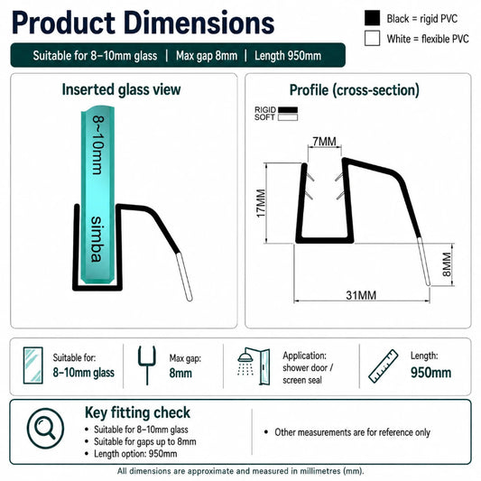 SL810DTL side fin shower door bottom seal dimensions for 8–10mm glass with an 8mm maximum gap