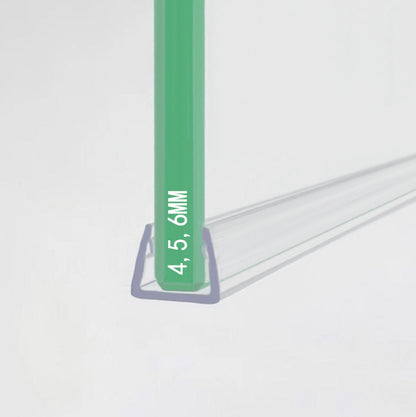 UH456 U-shape shower screen edge protector fitted on 4-6mm glass showing a secure no-gap fit for safety and water containment in UK bathrooms.