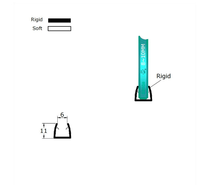 Detailed dimension diagram of the UH810 U-channel glass guard, engineered with a precise inner width to clamp firmly onto 8mm to 10mm shower screen panels without slipping.